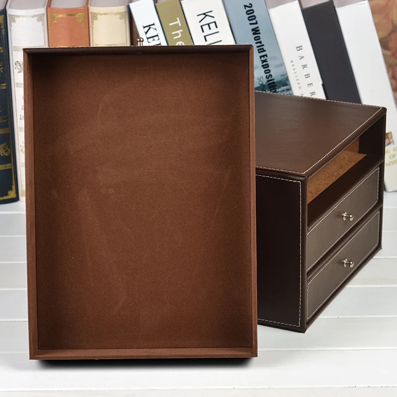 3-Layer 3-Drawer Wood Leather Desk Set Storage Drawer Box