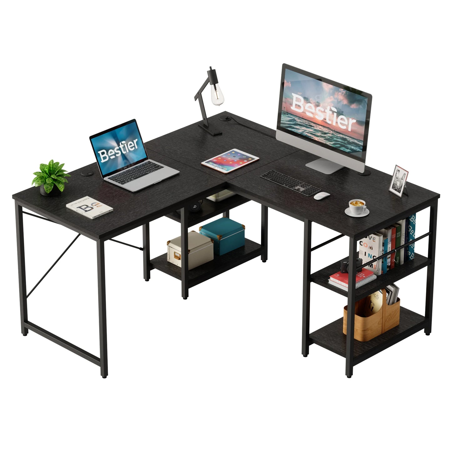 BESTIER Office Desk L Shaped Extendable With Storage Cabinet