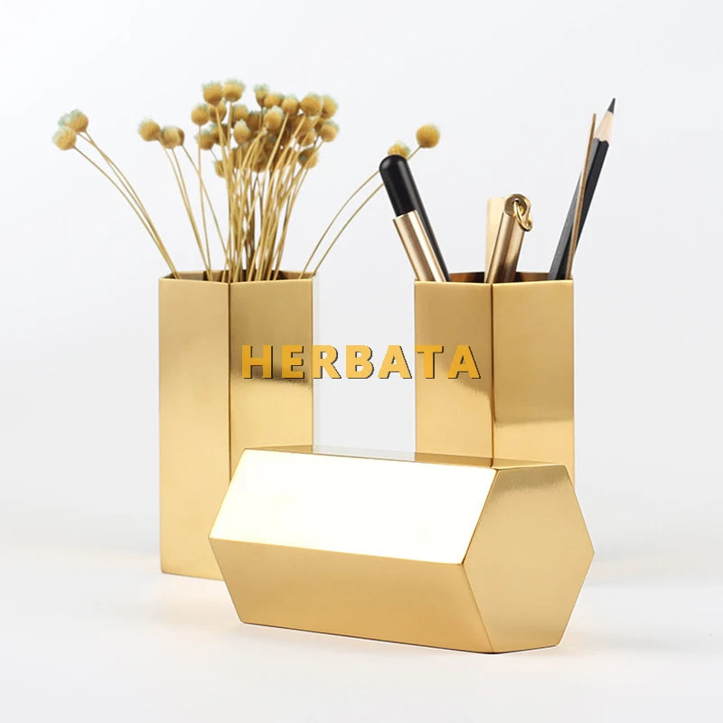 Pen Pencil Holder Gold Hexagonal Multifunction Desk Organizer Container