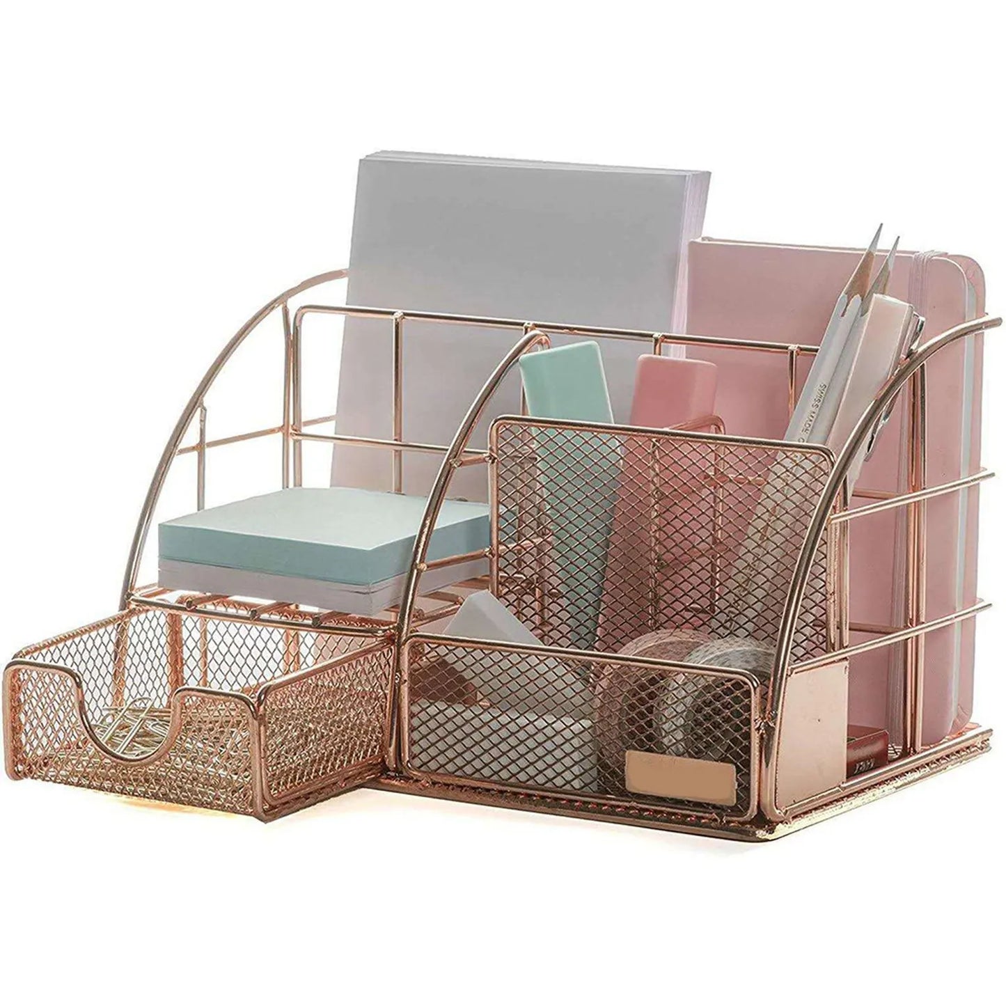 Desktop Storage Box Rose Gold Mesh Metal Office Accessories With Drawer