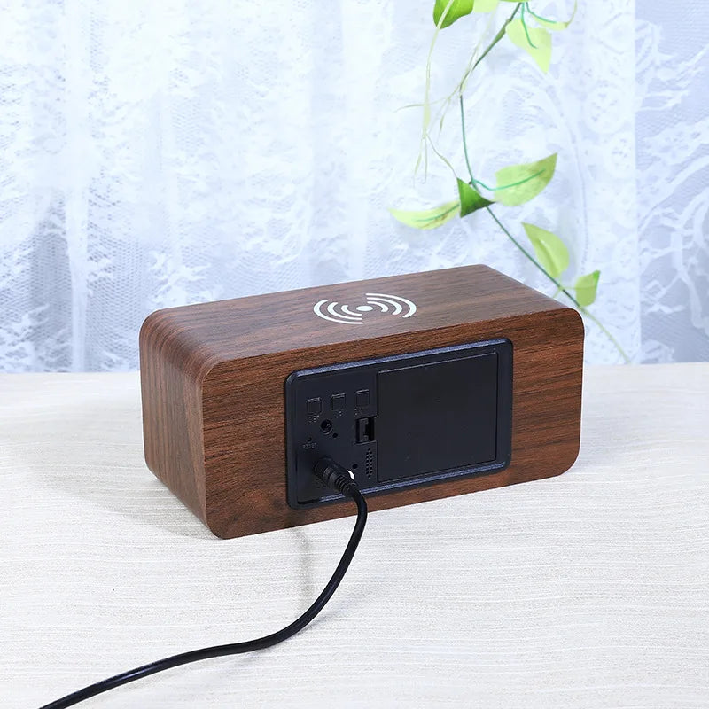 Digital Clock Wooden Wireless Charging LED Display Temperature & Humidity