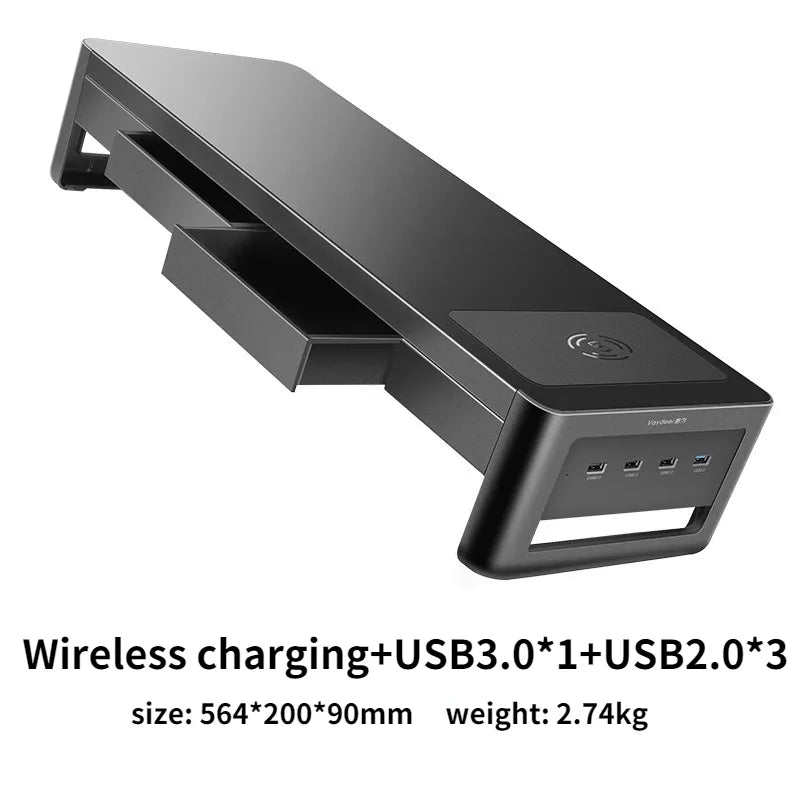 Monitor Stand USB3.0 Hub Data Transfer and Wireless Charging w/ Storage