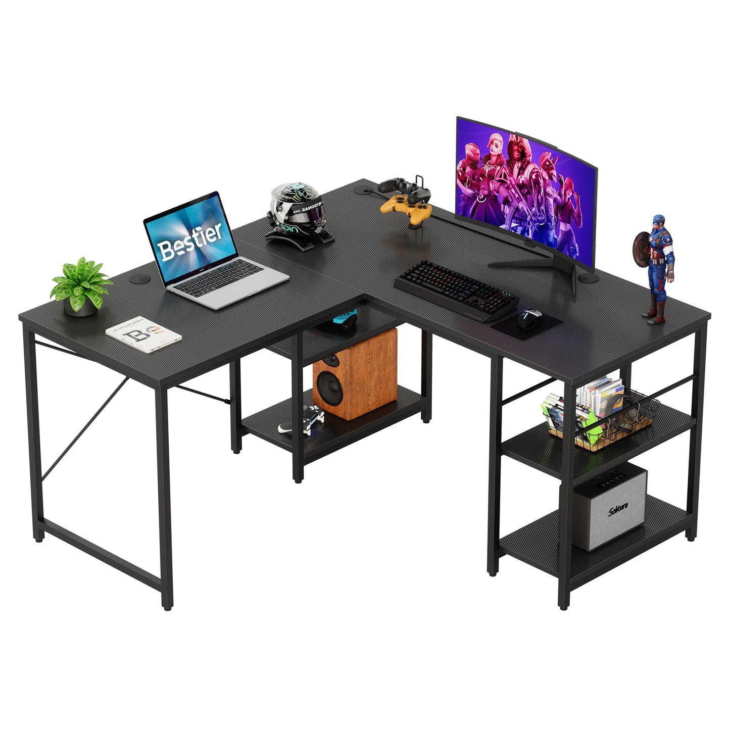 BESTIER Office Desk L Shaped Extendable With Storage Cabinet