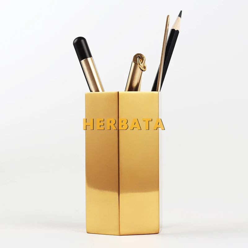 Pen Pencil Holder Gold Hexagonal Multifunction Desk Organizer Container